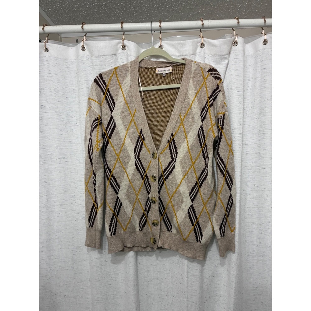 Womens Argyle Cardigan Sweater Brown Yellow V-Neck Small Cozy Fall Cottagecore